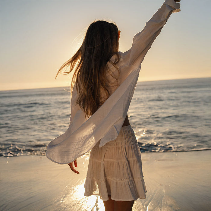 White Girlfriend Button Up, back at sunset