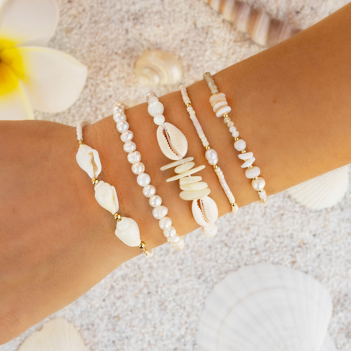 White Sand Beach Seedbead Bracelet, stacked on wrist