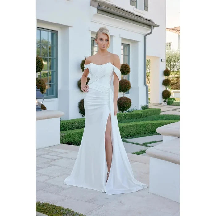 {White Satin Bustier Gown | Detachable Straps & High Slit} - {} at {Linda Mariposa}