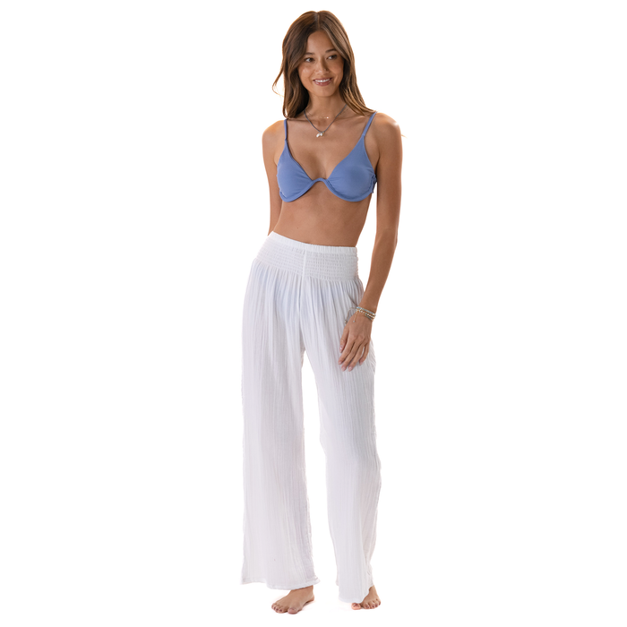 White Wide Leg Beach Cotton Pants, front full length