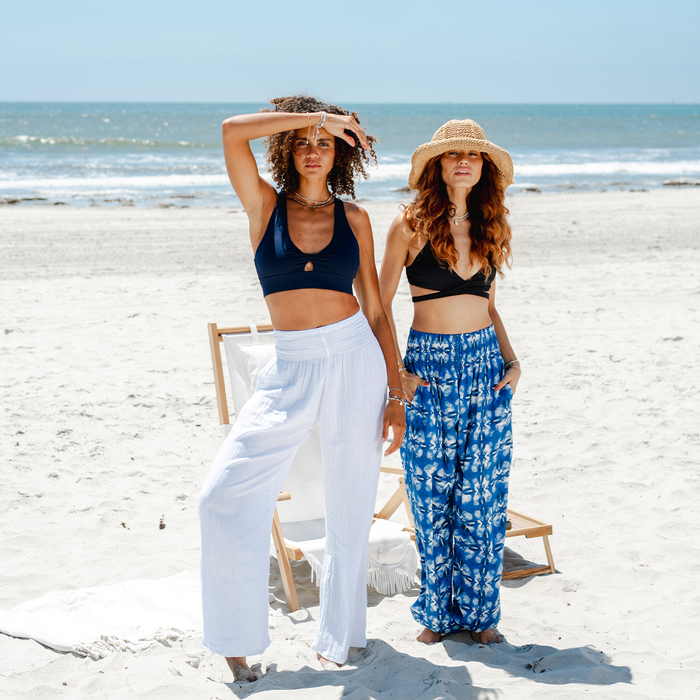 White Wide Leg Beach Cotton Pants, worn on the beach