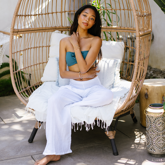White Wide Leg Beach Cotton Pants, worn seated
