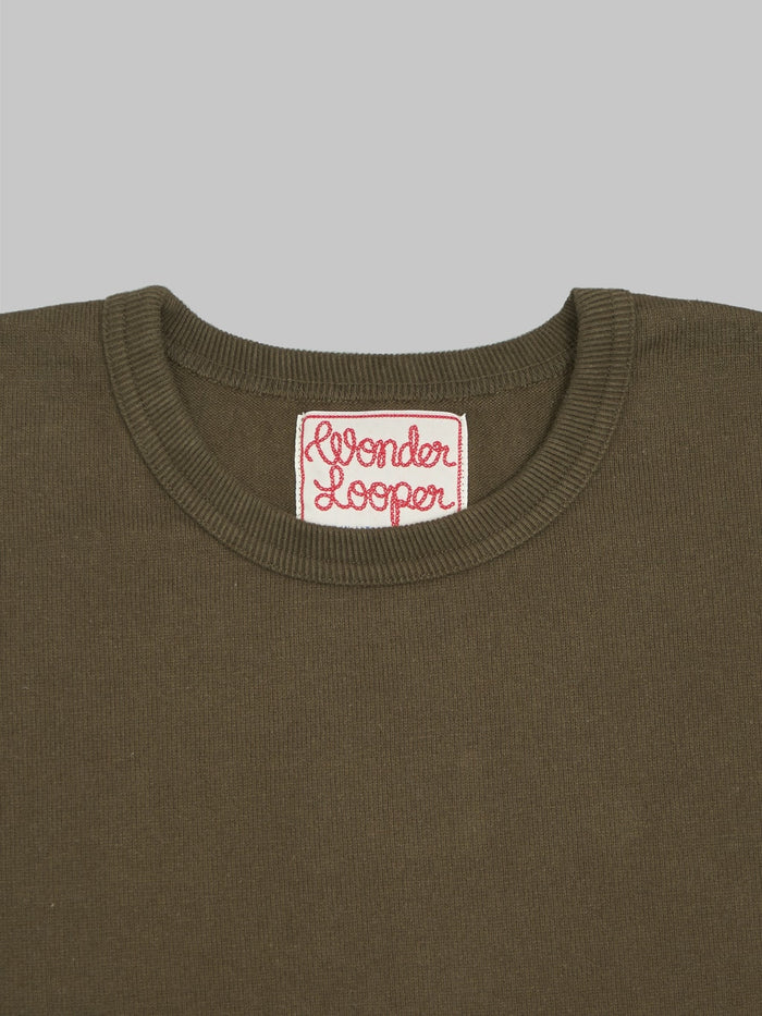 wonder looper crewneck Tshirt Double Heavyweight khaki green collar closeup