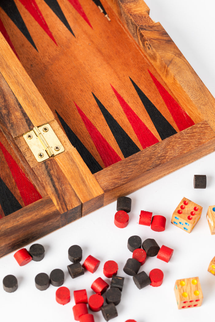Foldable wooden backgammon interior with red and black painted design — handmade in Thailand.