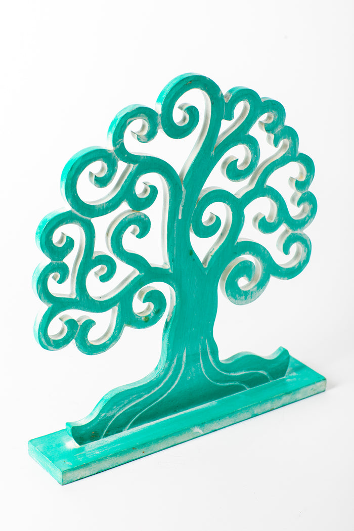 Wooden tree of life sculpture in turquoise