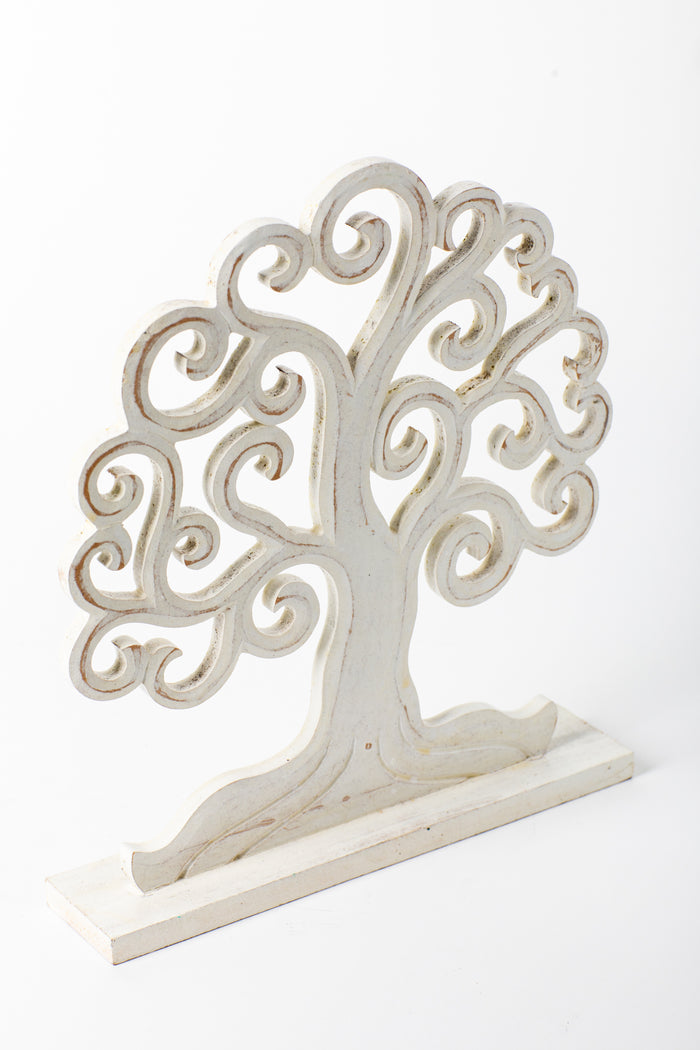 Wooden tree of life sculpture in white
