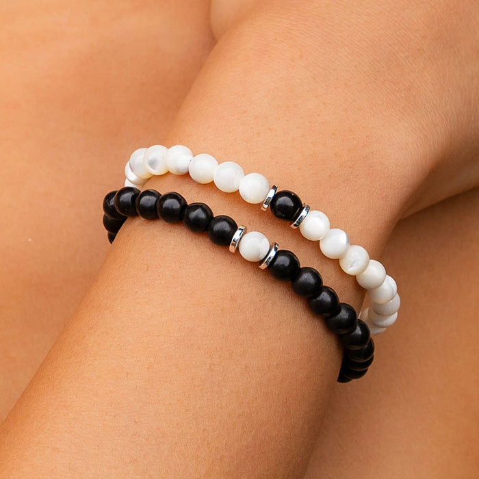 Yin to My Yang Bracelet Stack, stacked on wrist