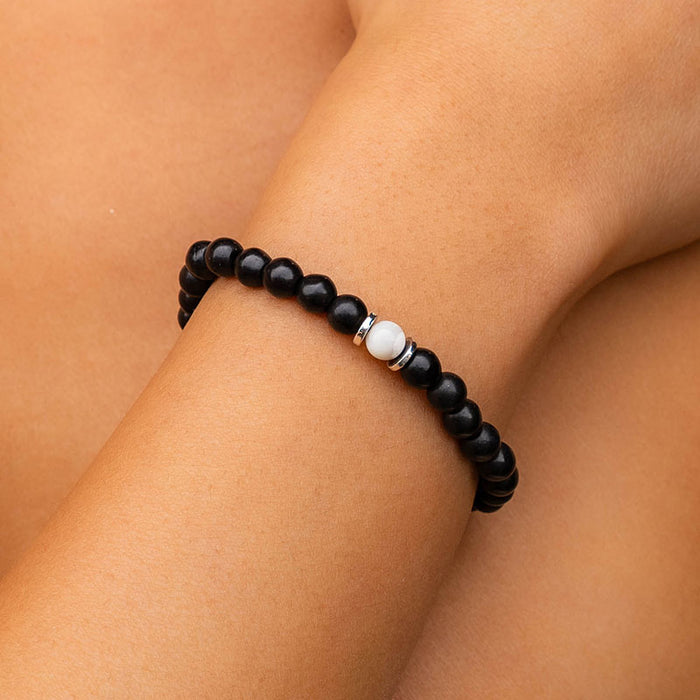 Yin to My Yang Bracelet Stack, black bracelet on wrist