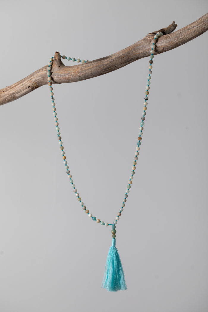 Zen Hand Knotted Beaded Gemstone Necklace in Moss Agate